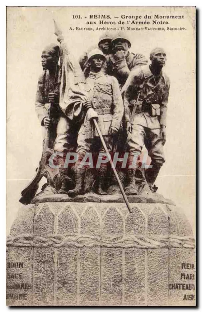 Reims — Gruppe des Denkmals für die Helden der Schwarzen Armee — A. Bluysen, Architekt - P. Morane-Vauthier, Bildhauer - Vorderseite