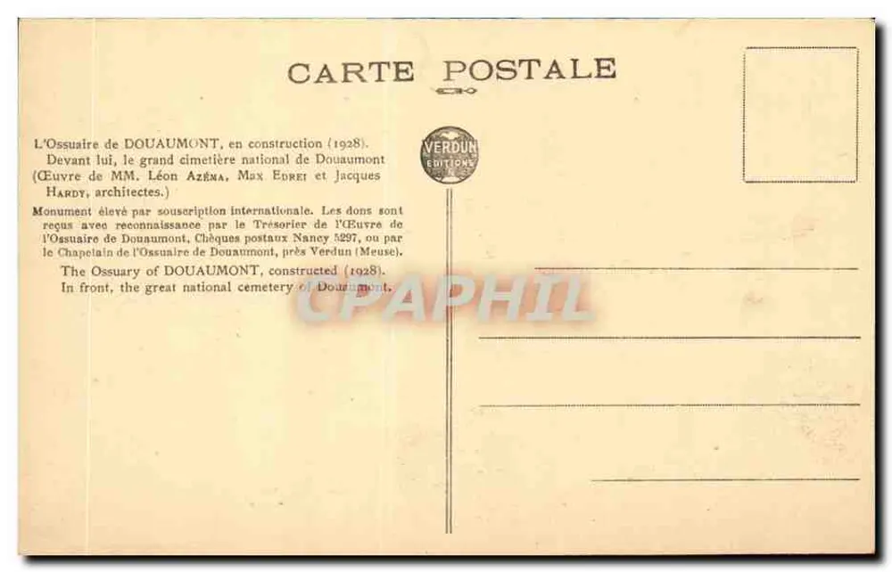 Ossuário de Douaumont — construção em 1928 — Verdun Éditions - Verso