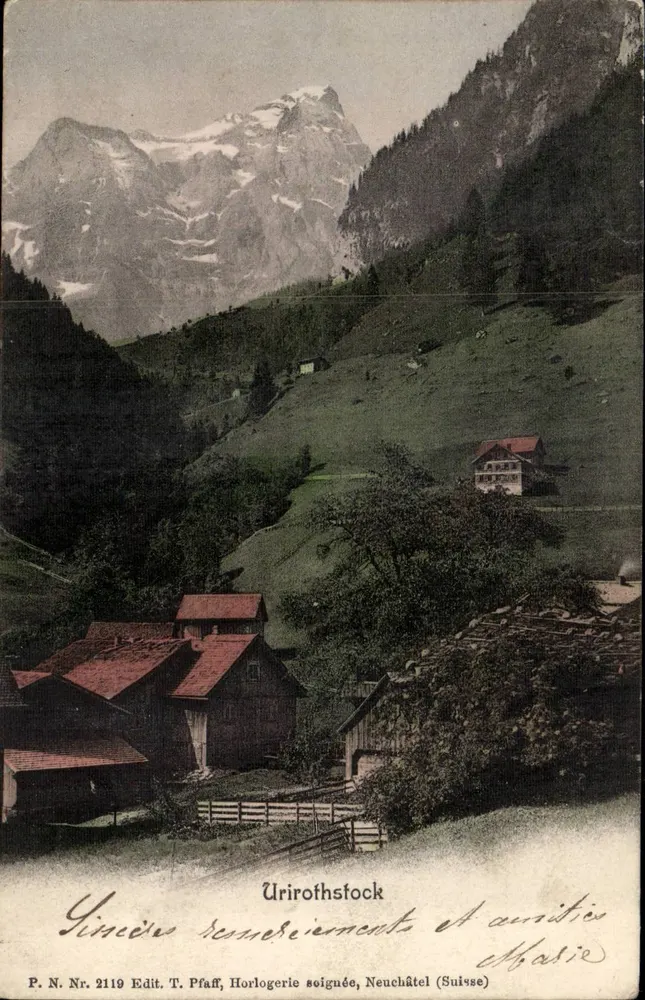 Urirothstock — Montanha nevada e aldeia alpina — T. Pfaff, Neuchâtel (Suíça), N° 2119 - Frente