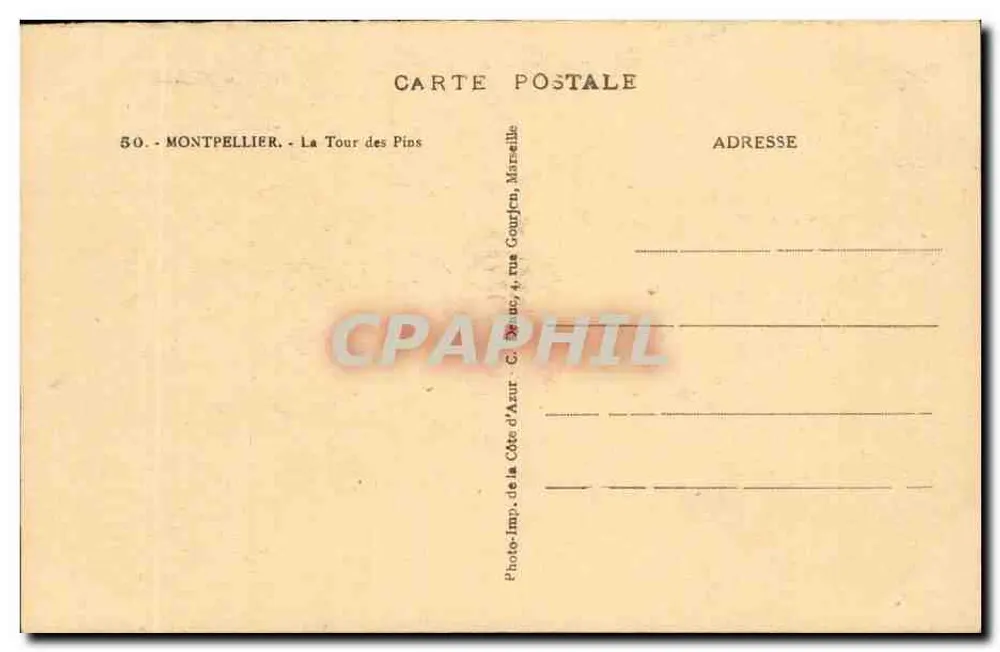 Montpellier - A torre dos pinheiros — editor Lyzon, n° 50 - Verso