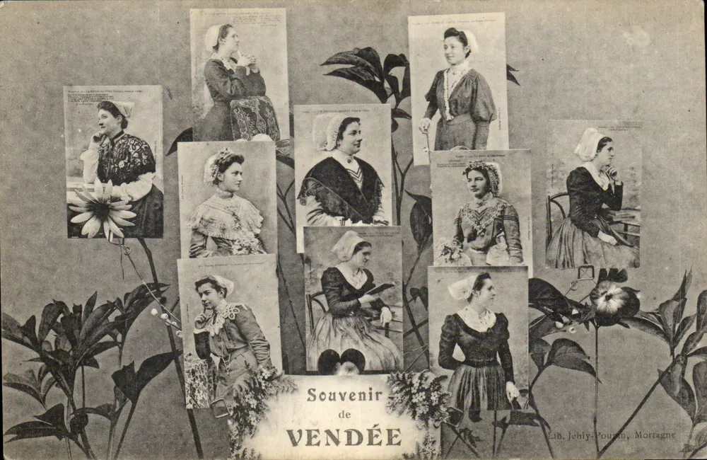 Souvenir de VENDÉE — retratos de mulheres em trajes regionais — Lab. Jehly-Pouron, Mortagne - Frente