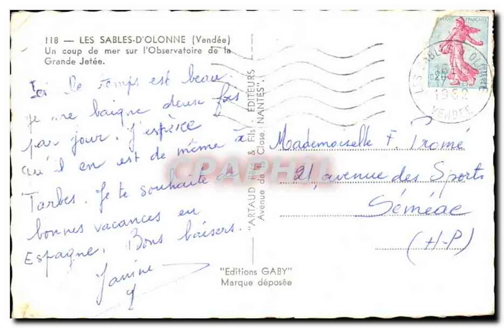 Les Sables-d'Olonne — Ansichtskarte mit Meeresbrandung am Observatorium der Grande Jetée — Éditions Gaby - Rückseite