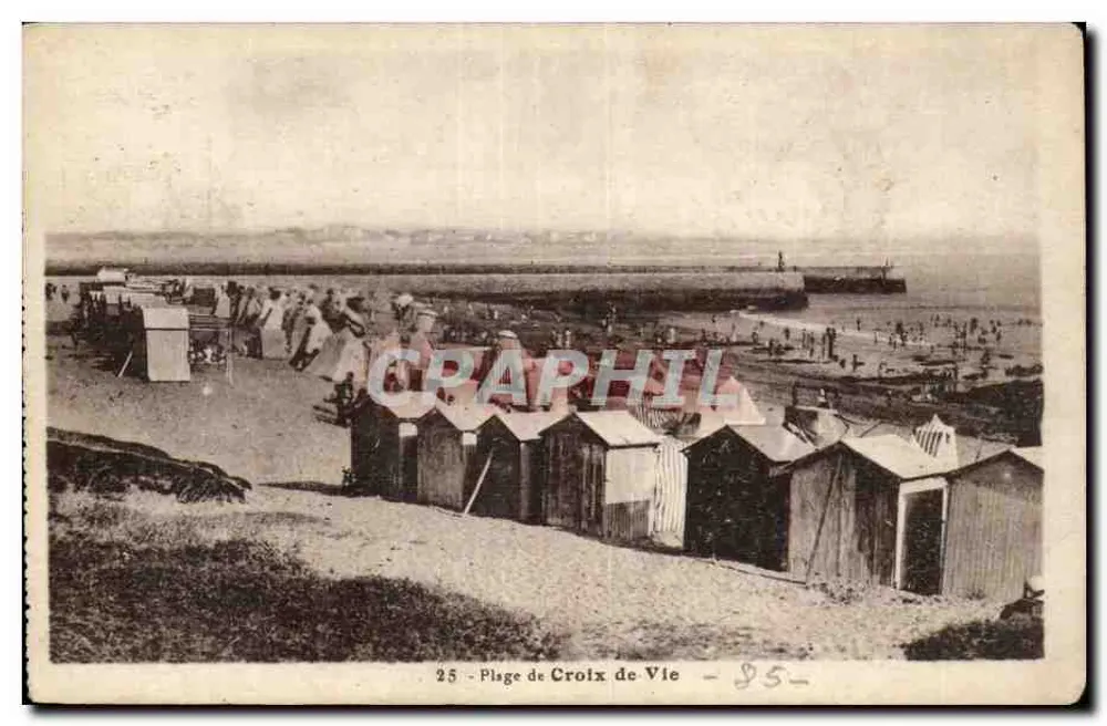 Plage de Croix de Vie — vista das cabines de praia e do porto — Fototipia Jehly-Pompin, Mortagne - Frente