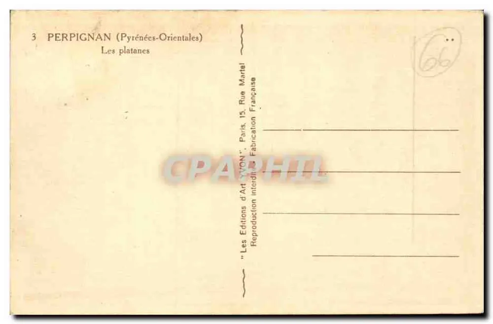 Perpignan (Pyrénées-Orientales) — Avenida de amendoeiras — Edições de Arte Yvon, Paris - Verso