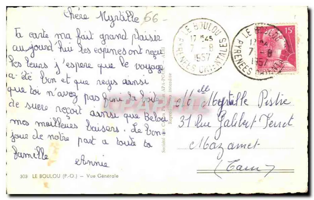Le Bouloû - Vista Geral — Sociedade das Cartas Postais APA — n°303 - Verso