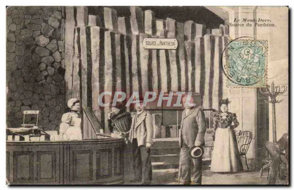 Mont-Dore. Fonte do Panthéon — Vista da fonte com visitantes — Editor V. R. (ou V. R. & Cie) — Número de série não visível - Frente