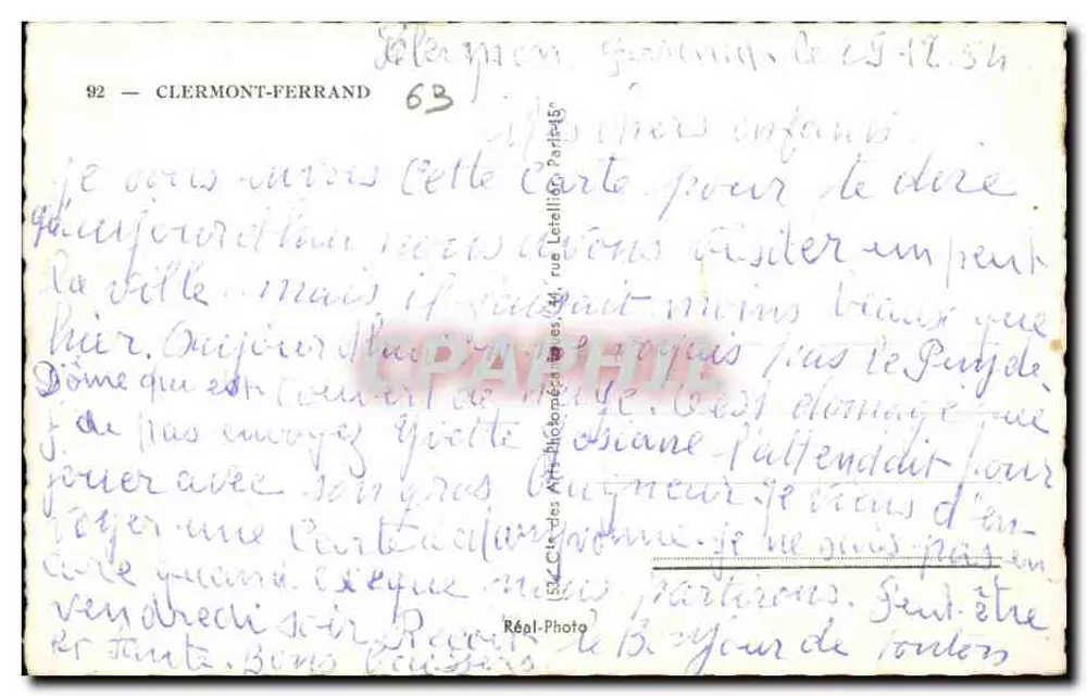 Clermont-Ferrand — Lembrete de Clermont-Ferrand — editor Réal-Photo, n° 92 - Verso