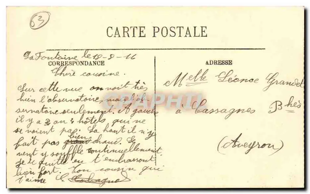Schafe, die auf dem Gipfel des Puy de Dôme grasen — Observatorium und Briefmarke — Verlag: H. H. H. (n°9) - Rückseite