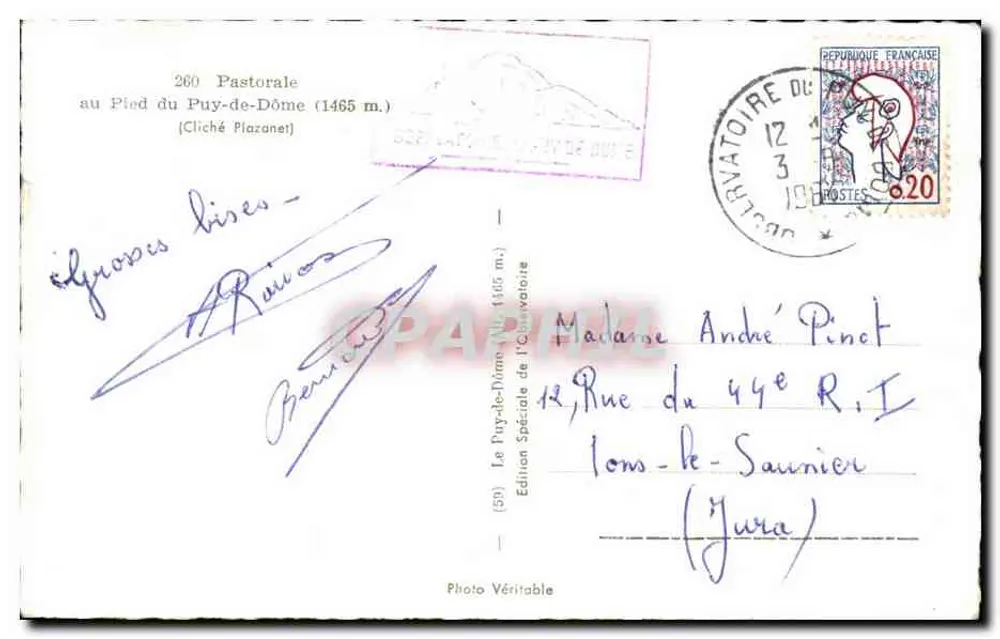 Puy-de-Dôme — Pastorale (1465 m.) — Sonderausgabe des Observatoriums - Rückseite