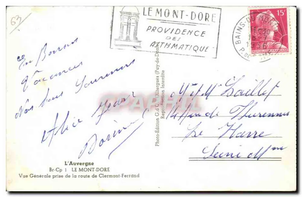 Allgemeiner Blick auf Mont-Dore — Aufnahme von der Straße nach Clermont-Ferrand — Verlag L’Auvergne, Br.Cp 1 - Rückseite