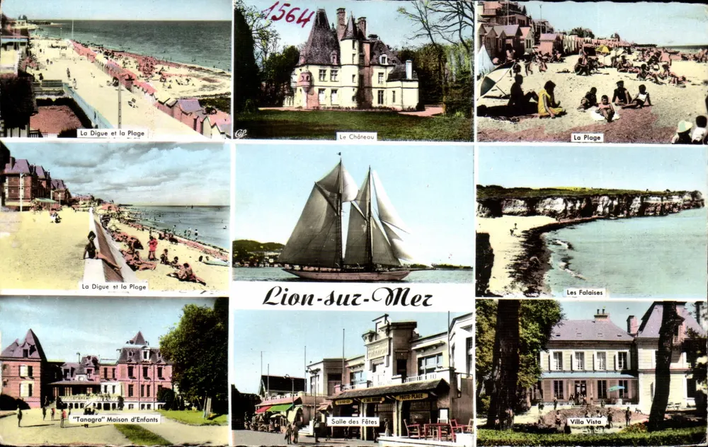 Lion-sur-Mer — vista panorâmica com castelo, praia, falésias e edifícios — Réal-Photo, n°1564 - Frente