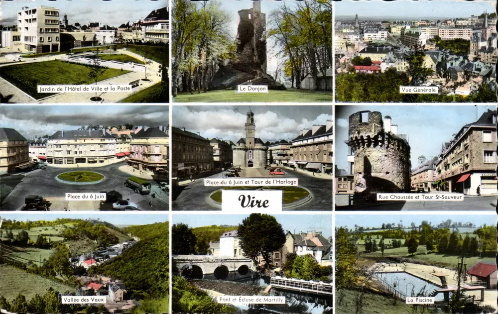 Vire — Ogólny widok, ogród Urzędu Miasta, Donjon, Plac 6 Czerwca, Wieża zegarowa, Rue Chaussée, Wieża św. Sauveur, Dolina Vaux, Most i Zasuwka Martilly, Basen — Wydawnictwo GAIBY - Awers