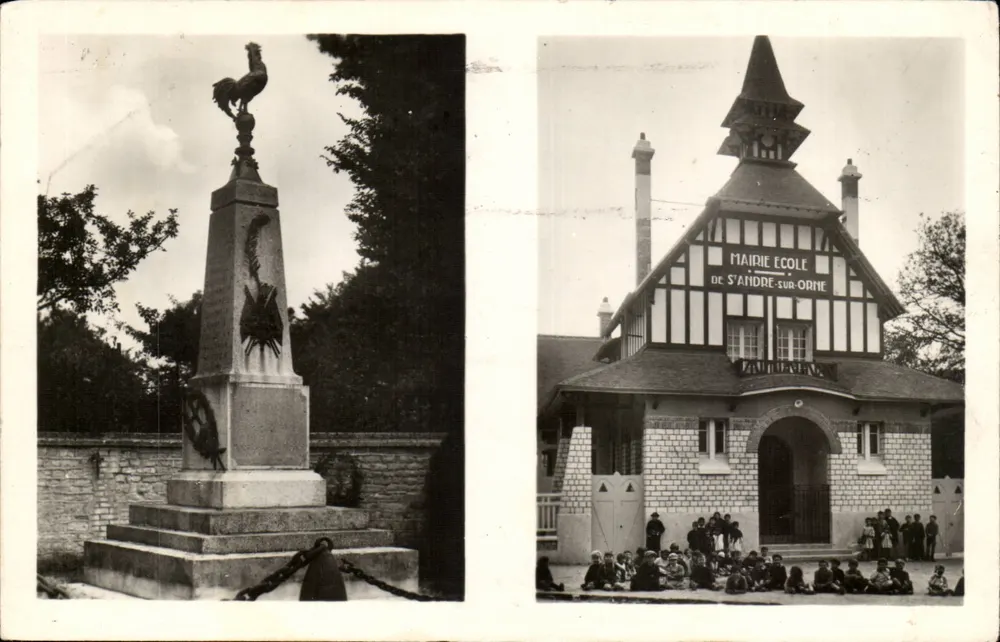 Gedenkstein des Hahns — Rathaus/Schule von Saint-André-sur-Orne - Vorderseite