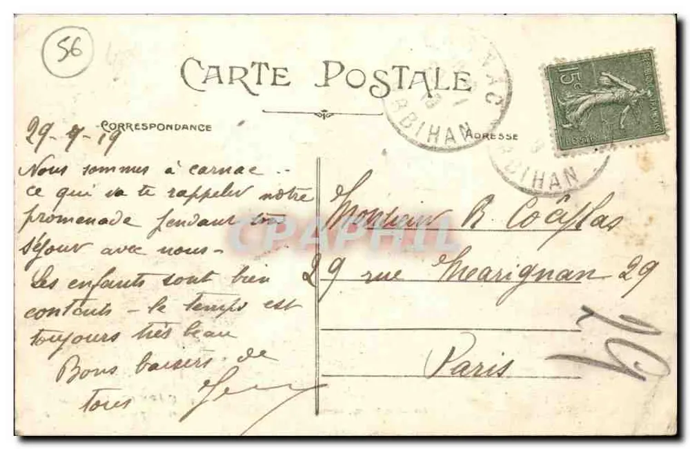 Carnac (Morbihan) — Os Alinhamentos de Ménec — Artaud e Nozins, Nantes, n°5 - Verso