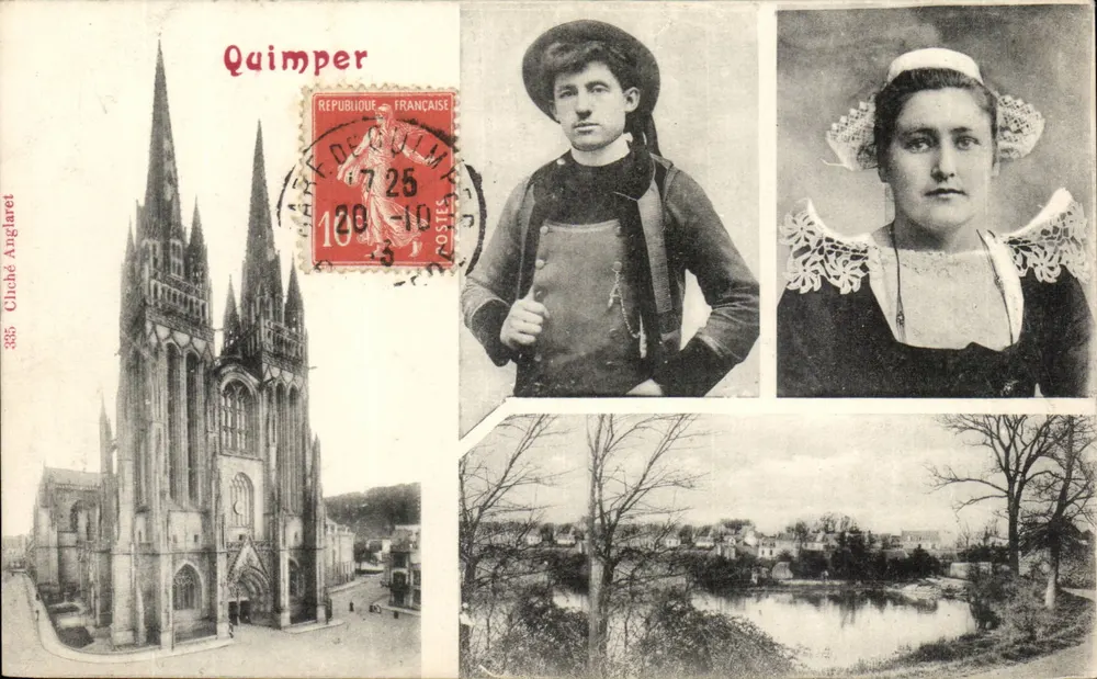 Quimper — Catedral, retrato de um jovem homem e de uma mulher, paisagem — Cliché Anglaret, n°385 - Frente