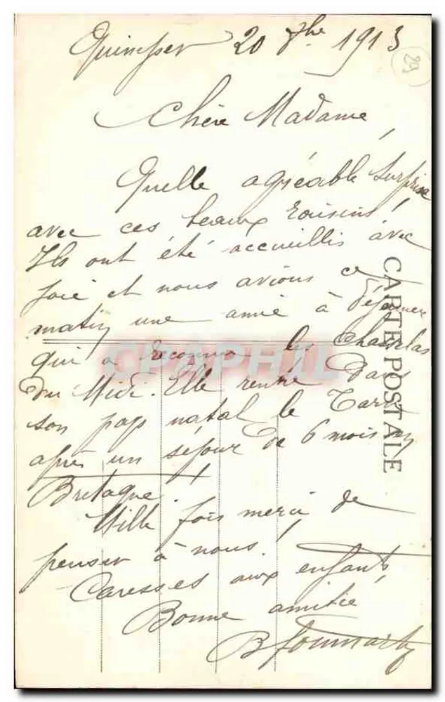 Quimper — Catedral, retrato de um jovem homem e de uma mulher, paisagem — Cliché Anglaret, n°385 - Verso