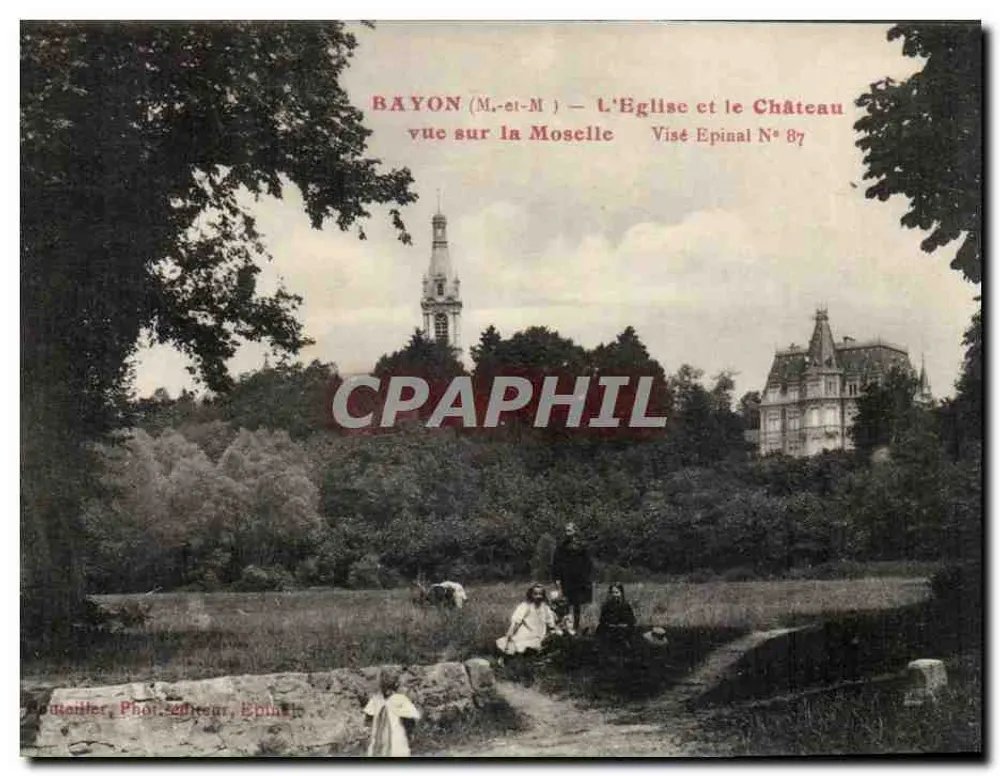 Bayon (M.-ei-M) — Die Kirche und das Schloss — Ansicht der Mosel — Visé Epinal N° 87 - Vorderseite