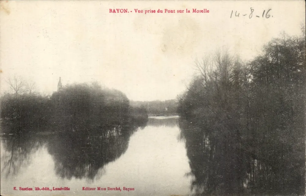 Bayon - Ansicht vom Brücke über die Mosel — E. Bastien, Verleger, Lunéville ; Verlegerin Mme Derché, Bayon - Vorderseite