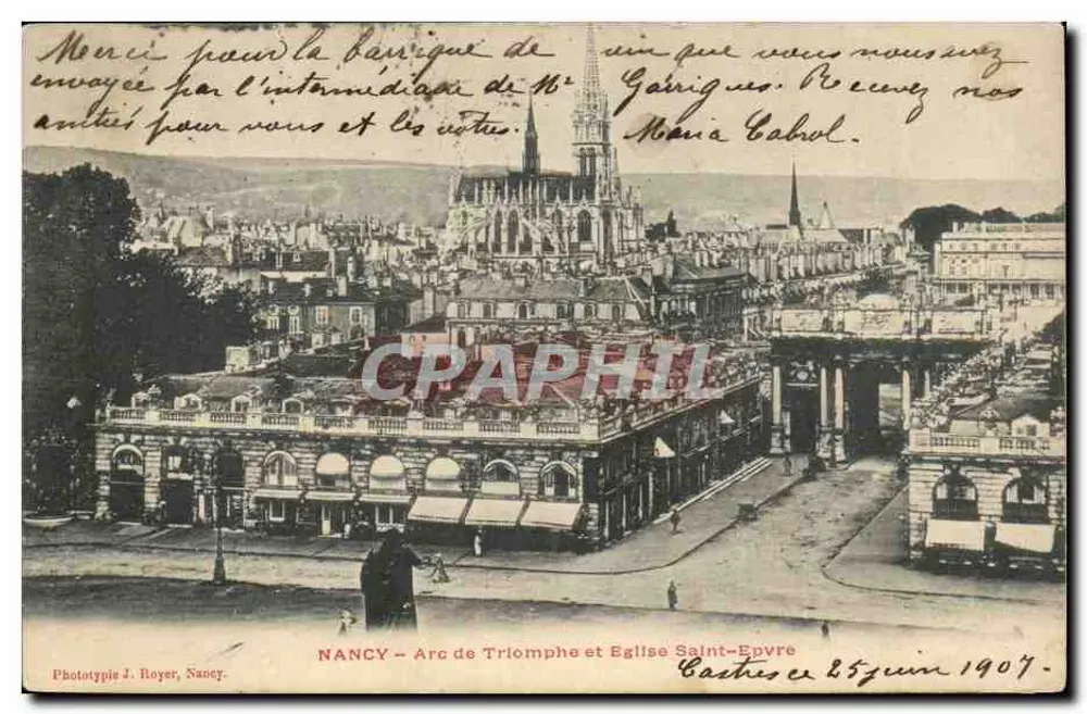 Nancy — Arco do Triunfo e Igreja Saint-Epvre — Fototipia J. Royer, Nancy - Frente