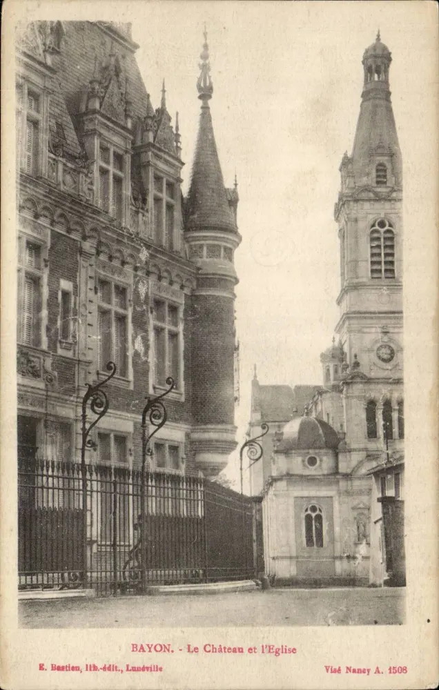 Bayon - O Castelo e a Igreja — E. Bastien, litografia-edição, Lunéville - Frente