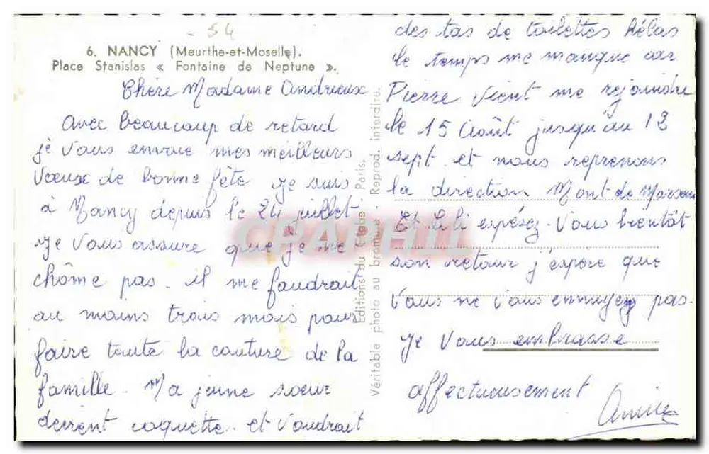 Nancy - Praça Stanislas — Fonte de Netuno — Edições fotográficas do Caranguejo, Paris - Verso