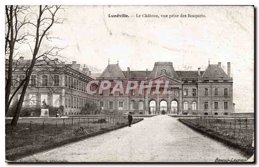 Lunéville — Schloss, Aufnahme aus den Bosquets — Lemolhe-Masson, Bezeichnung. - Vorderseite