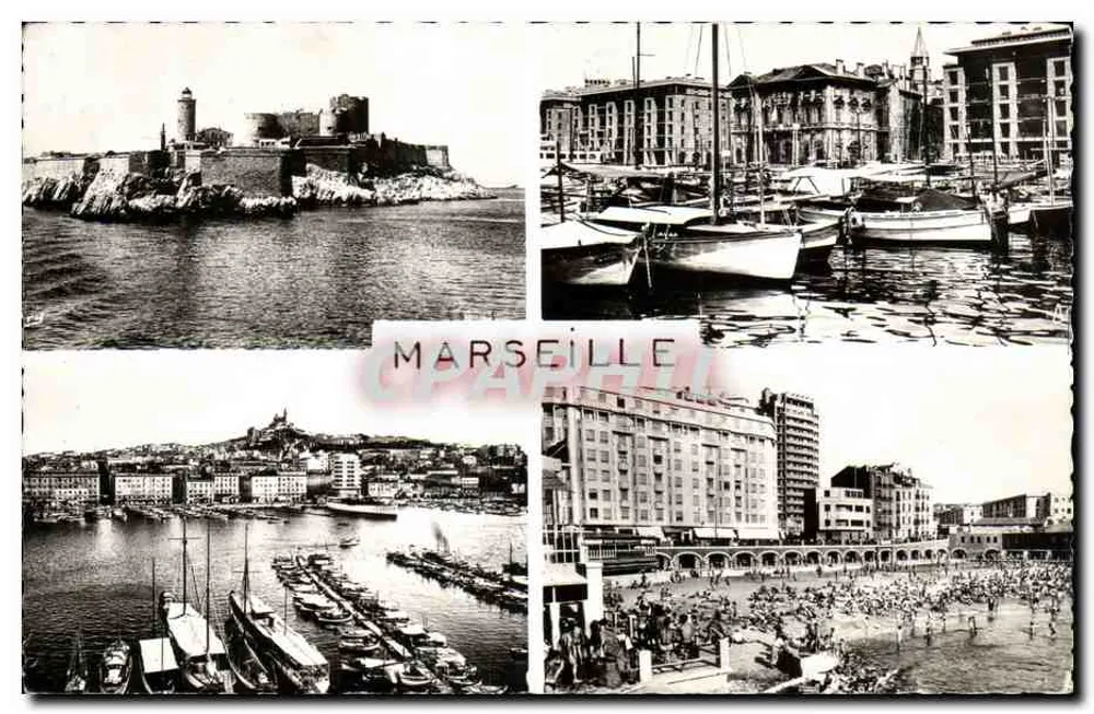 Marseille — vista panorâmica do porto, do Vieux-Port, do Forte Saint-Jean e da praia — número de série não visível - Frente