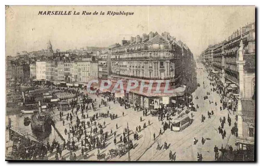 MARSEILLE A Rue de la République — vista da rua com trem e mercado — editor desconhecido - Frente