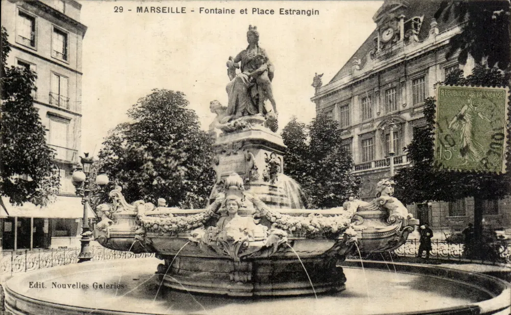 Marseille - Fontaine e Praça Estrangin — Edit. Nouvelles Galeries, n°29 - Frente