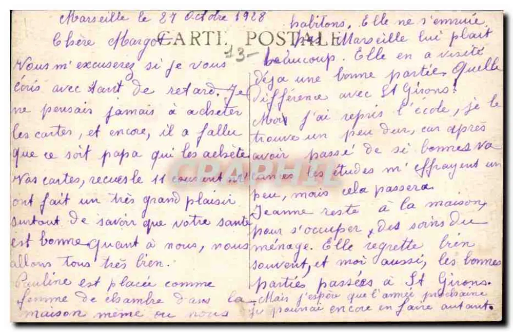 MARSEILLE — O Pont Transbordeur — Carte postal datada 24 de outubro de 1928 - Verso