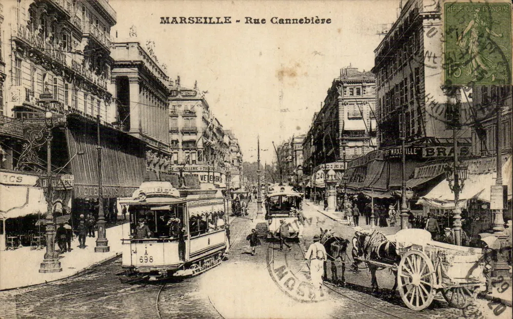 MARSEILLE - Rue Cannebière — vista animada com o trem n°696 e carruagem de boi — editor não visível - Frente