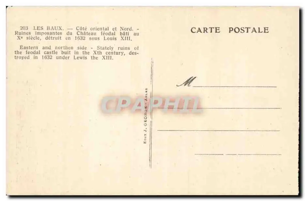 Les Baux — Ruínas do castelo feudal — Editor J. George-Arlès, n° 203 - Verso
