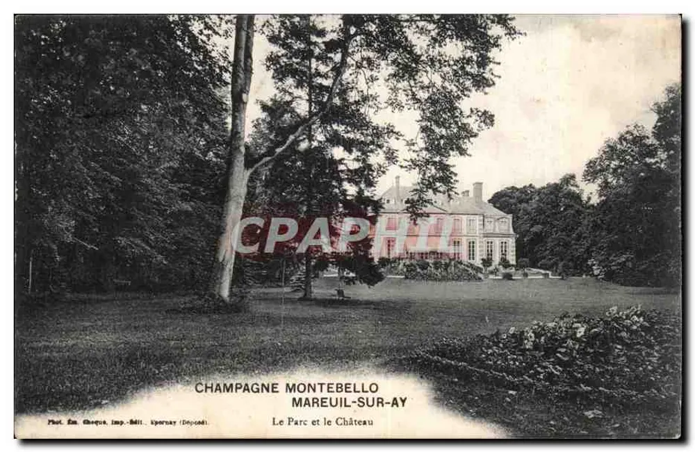 Champagne Montebello — Mareuil-sur-Ay — Foto von Ém. Cheque, Druck von Kornay (Dep. 61) - Vorderseite