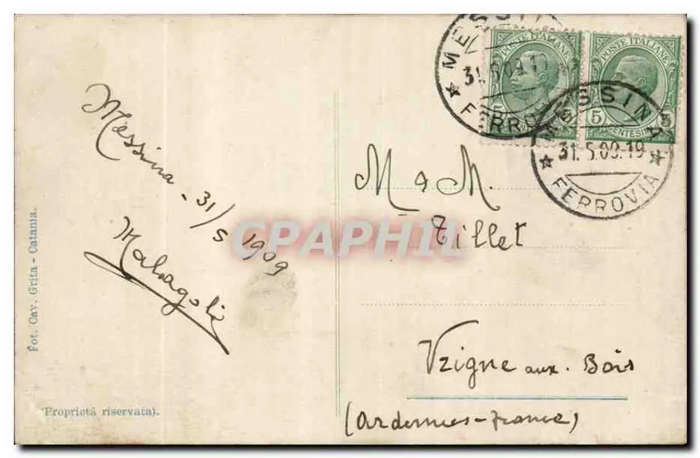 Messina — Details der Schäden nach dem Erdbeben von 1908 — Foto. Cay. Grifa - Catania, Nr. 19 - Rückseite