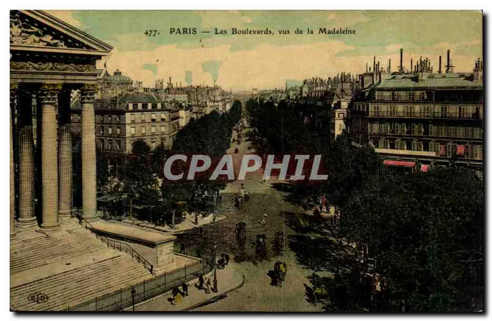PARIS — De Boulevards, gezien vanaf de Madeleine — Uitgever B. J. n° 477 - Voorkant