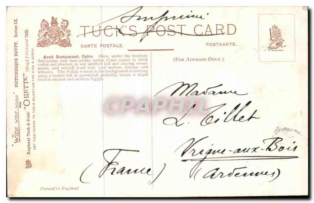 Cairo - Restaurante árabe — Tuck's Postcard, série IX - Verso