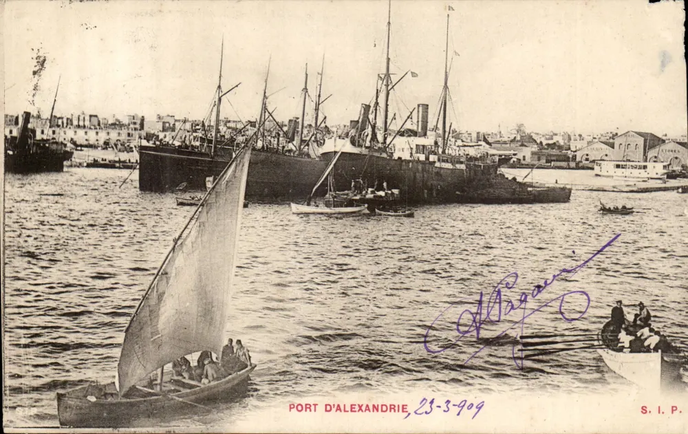 Hafen von Alexandria — Hafenansicht mit Segelschiffen und Schiffen — S.I.P. - Vorderseite