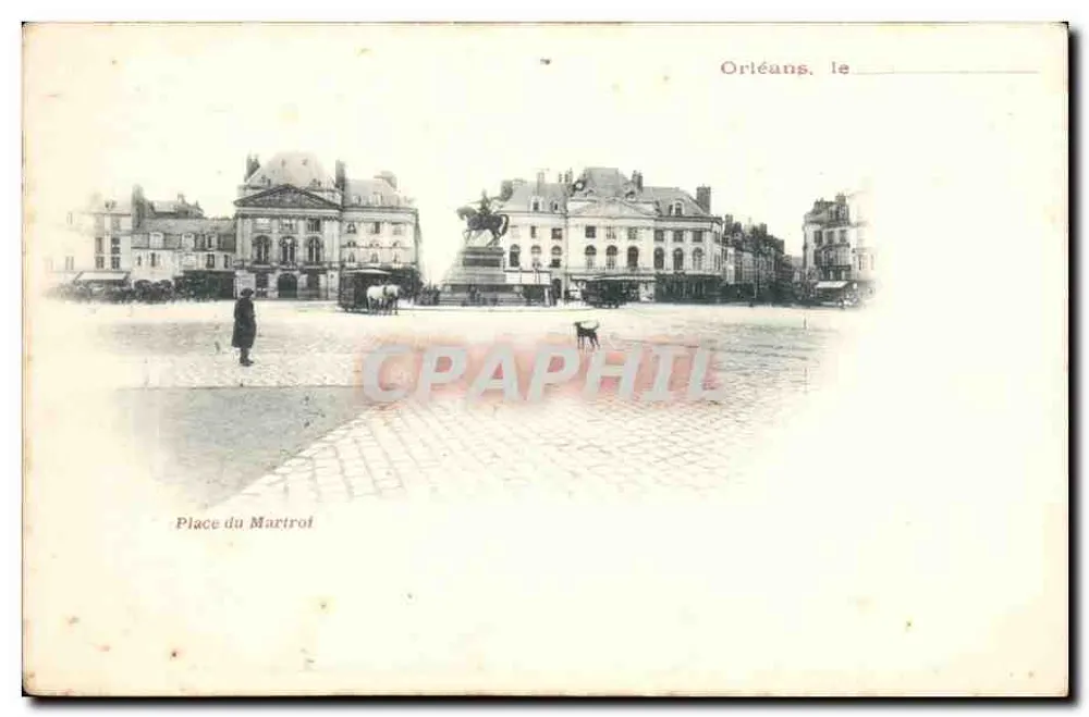Orléans, Place du Martroi — visão da praça com monumento equestre e edifícios — editor não identificado - Frente