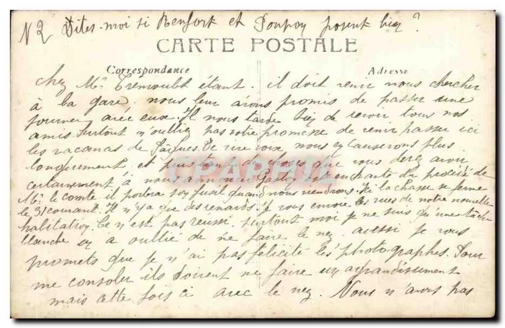 Villa em Benfort e Sonvoy — correspondência manuscrita — Carte postale - Verso
