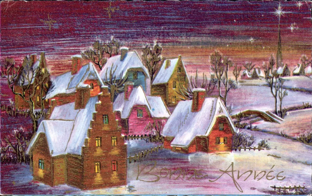 Schneevorort — WeihnachtsSzene — Frohe Neujahr — unbekannter Verlag, Seriennummer nicht sichtbar - Vorderseite