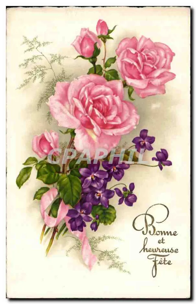 Blütenstrauß aus Rosen und Viohlen — 'Gute und glückliche Feier' - Vorderseite