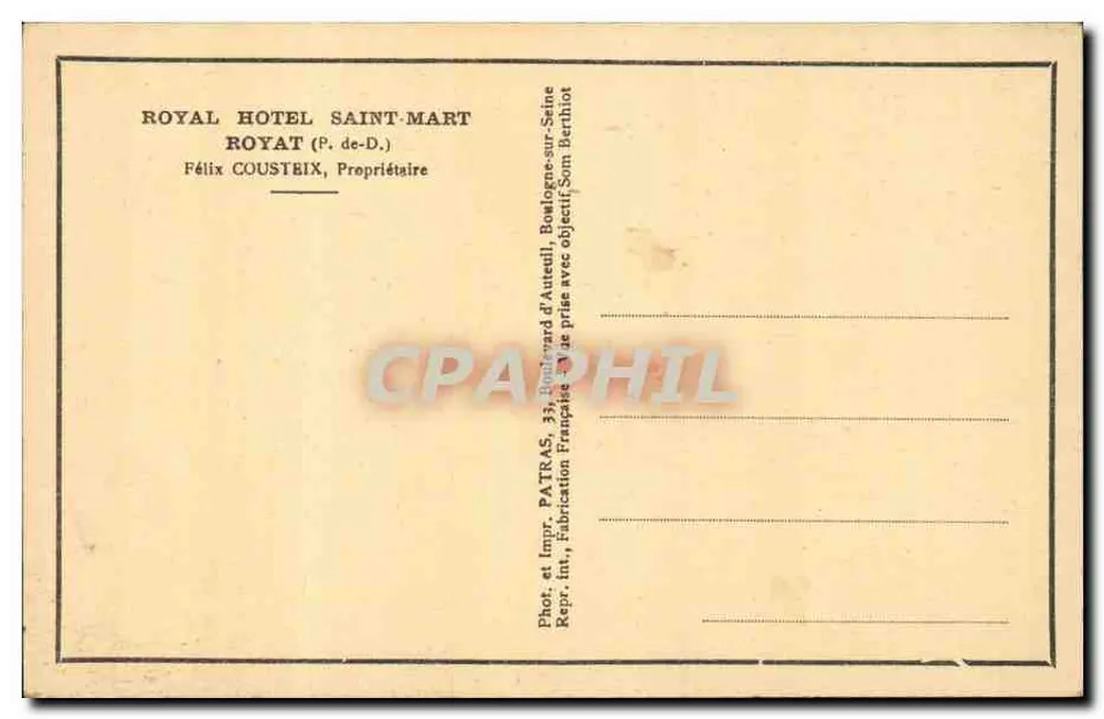Royal Hotel Saint-Mart — Royat (P.-de-D.) — Photo. und Druck Patras - Rückseite