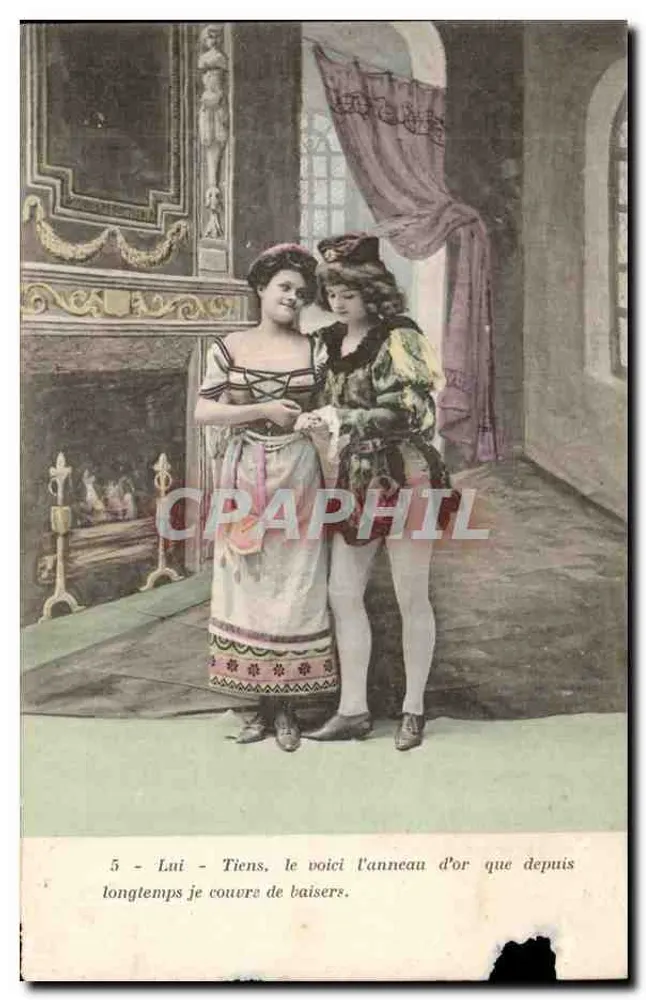 Zwei Personen in Kostüm — Theater-Szene — gedruckter Text - Vorderseite