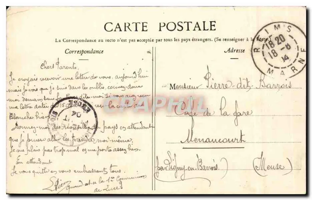 Reims - Porta Mars — visão da arco romano com carruagem de boi — editor não identificado, número de série não visível - Verso
