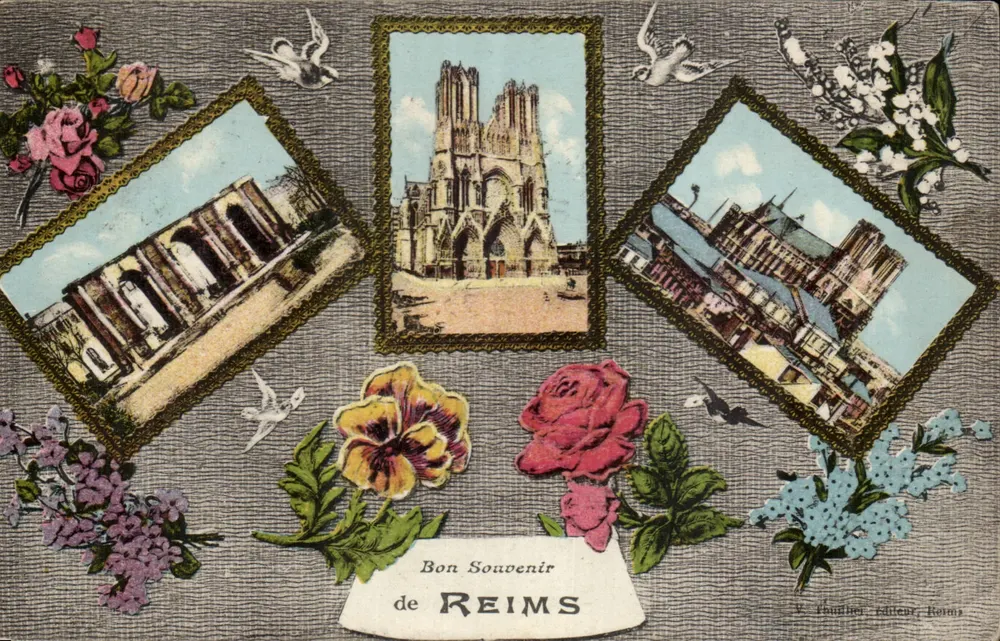Reims — vista da catedral e de seus monumentos — K. Poulain, editor Reims - Frente