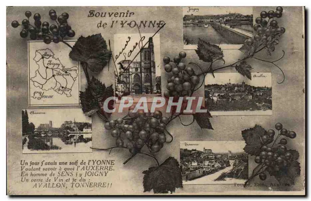 Lembrança da Yonne — Cartão postal ilustrado com vinhedos e vistas de cidades — Tournai, Ed. Alkire - Frente