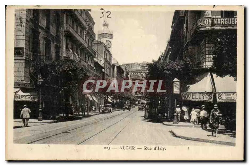 ALGER — Rue d'Isly — vista de rua com trêm e comércios - Frente