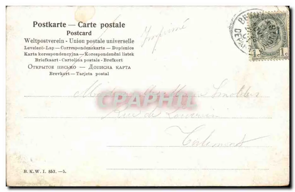 Coppie in interieur — liefdesscene — uitgever B.K.W.I. n° 853 - Achterkant