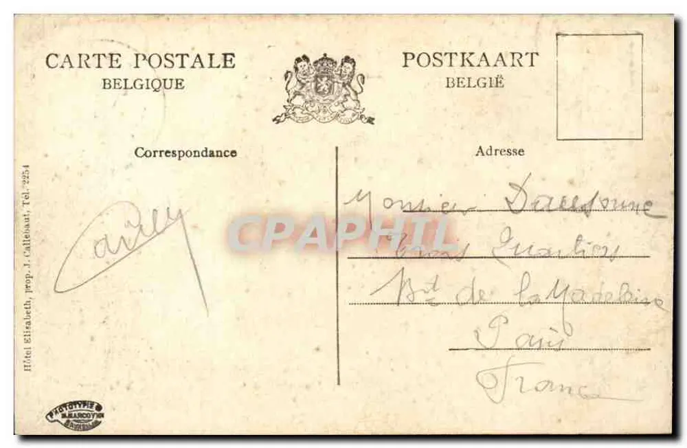 Gand — A Poste Centrale — Hotel Elizabeth, prop. J. Callebaut - Verso