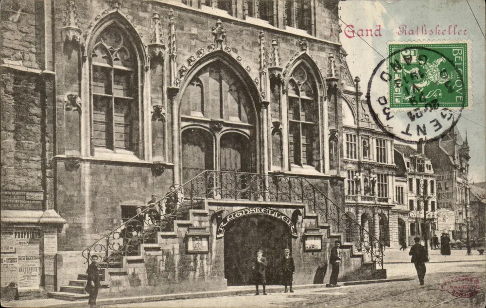 Gand Rathskeller — monumentale ingang met trappen — uitgever Phototypie M. Marconviel, Brussel - Voorkant